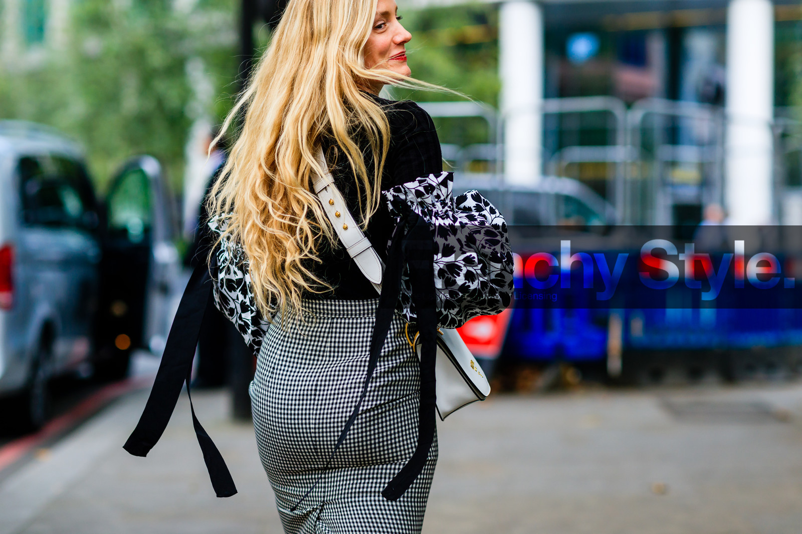 atmosphere details, black and white, black top, checked skirt, detail, fashion week, frenchystyle, FW, gingham, graphic skirt, high waist, horizontal, jonathan paciullo, kate foley, leather bag, LFW, LONDON, oversize, plaid, prada, printed skirt, printed top, SPRING SUMMER 2017, SS 17, street style, white bag, woman