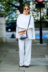 brown bag, fashion week, frenchystyle, full length, FW, graphic bag, jonathan paciullo, leather bag, LFW, LONDON, monica ainley, printed bag, red lips, SPRING SUMMER 2017, SS 17, street style, sunglasses, trousers, vertical, white pants, white sweater, woman