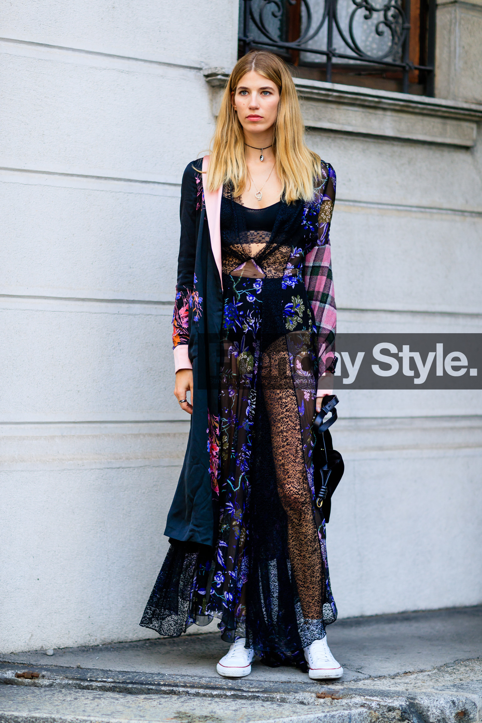 black bra, black dress, converse, fashion week, floral, flower, frenchystyle, full length, FW, jonathan paciullo, lace, lace dress, leather bag, leather shoes, MFW, MILAN, printed dress, robe, SPRING SUMMER 2017, SS 17, street style, tights, veronika heilbrunner, vertical, white sneakers