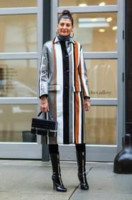 AUTUMN WINTER 2016-2017, AW 16-17, black bag, black boots, earrings, fashion week, frenchystyle, full length, FW, FW 16-17, giovanna battaglia, graphic coat, grey coat, high boots, high heels, jonathan paciullo, leather bag, leather boots, leather coat, NEW YORK, NYFW, prada, street style, striped coat, varnished leather, vertical, woman, zip