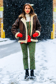 AUTUMN WINTER 2017-2018, AW 17-18, black boots, brown jacket, FALL WINTER 2017-2018, fashion week, frenchystyle, full length, FW, FW 17-18, green jumpsuit, jonathan paciullo, leather jacket, NEW YORK, NYFW, overall, red bag, red gloves, shearling, street style, trousers, vertical, white fur
