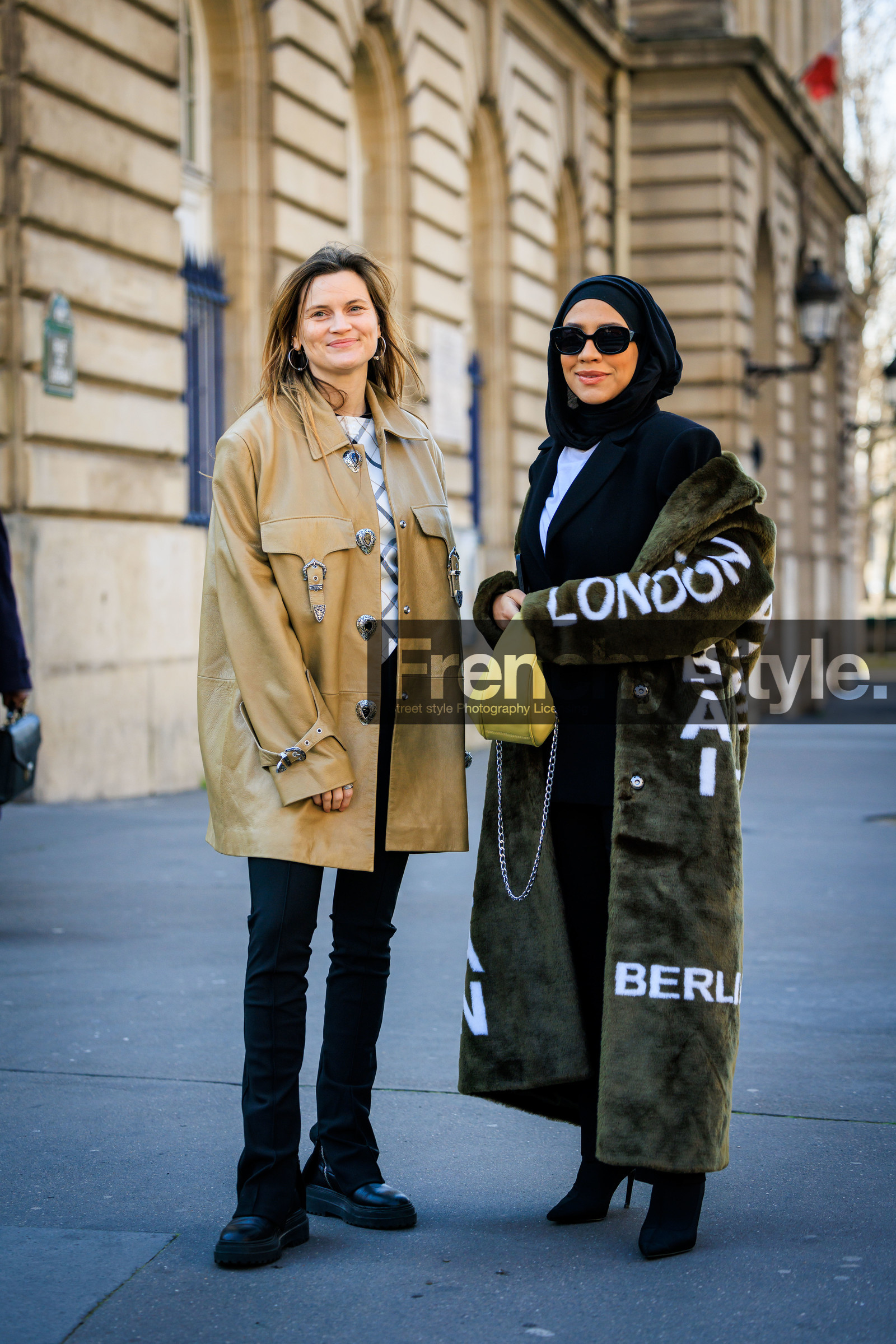 leather jacket, beige jacket, courreges top, plaid top, white top, black trousers, skinny pants, black boots, black scarf, green coat, furry coat, printed coat, yellow handbag, black blazer, white tshirt, silver loops, eugenie trochu, street style, jonathan paciullo, FW, frenchystyle, fashion week, AUTUMN WINTER 2022-2023, FALL WINTER 2022_2023, FW 22-23, PFW, PARIS, full length, vertical, heeled boots