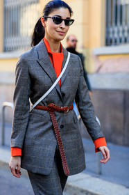 blazer, brown belt, caroline issa, checked, graphic jacket, graphic pants, grey jacket, grey pants, grey suit, leather belt, plaid, printed jacket, printed pants, red top, sunglasses, trousers, MILAN, MFW, fashion week, frenchystyle, FW, jonathan paciullo, street style, AUTUMN WINTER 2019-2020, AW 19-20, FALL WINTER 2019-2020, FW 19-20, vertical, atmosphere details, detail