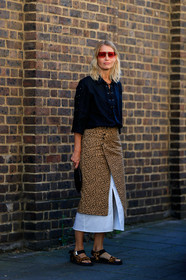 holli rogers, holly rodgers, aviator sunglasses, red sunglasses, black blouse, laced blouse, animal print skirt, leopard printed skirt, light brown skirt, wrap skirt, animal print sandals, sports sandals, flat sandals, fashion week, frenchystyle, FW, jonathan paciullo, street style, vertical, full length