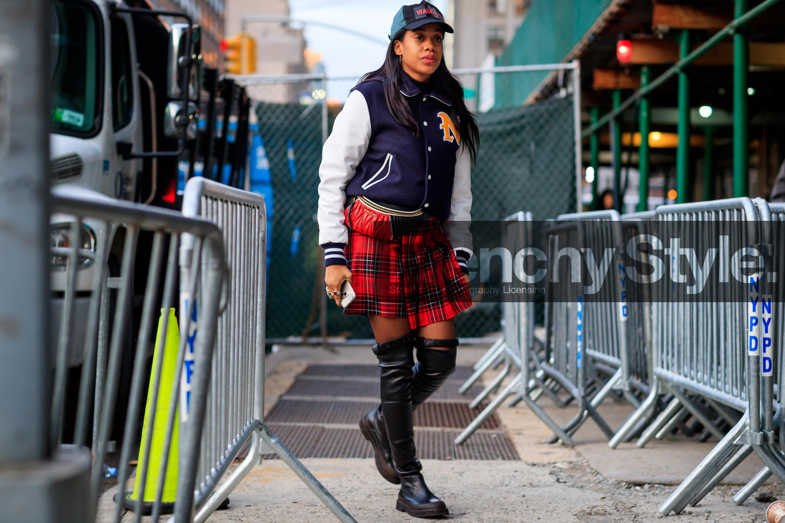 american, black cap, black shoes, checked, graphic jacket, graphic skirt, high boots, leather shoes, plaid, pleated skirt, printed jacket, printed skirt, red skirt, tartan, teddy jacket, street style, jonathan paciullo, FW, frenchystyle, fashion week, NYFW, NEW YORK, AUTUMN WINTER 2018-2019, AW 18-19, FALL WINTER 2018-2019, FW 18-19, atmosphere details, horizontal, full length, jan-michael quammie