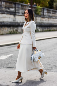 Aimee Song, ankle bracelet, bag, blazer, dior bag, long skirt, monochrome, printed scarf, pump, quilted bag, scarf, skirt, statement heels, white bag, white blazer, white monochrome, white pump, white scarf, white skirt, street style, jonathan paciullo, FW, frenchystyle, fashion week, PFW, PARIS, SPRING SUMMER 2022, SS 22, vertical, full length