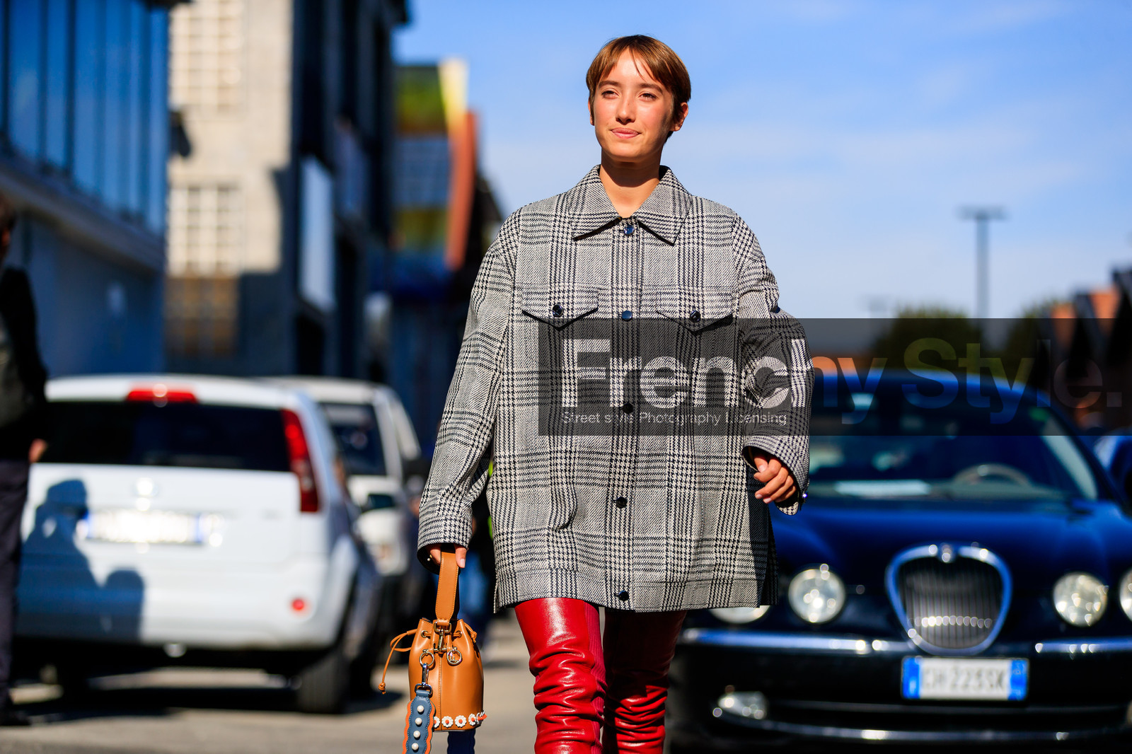 atmosphere details, brown bag, checked jacket, detail, fashion week, frenchystyle, FW, graphic jacket, grey jacket, high boots, high heels, horizontal, houndstooth pattern, jonathan paciullo, leather bag, leather shoes, MFW, MILAN, plaid, printed jacket, red shoes, SPRING SUMMER 2018, SS 18, street style