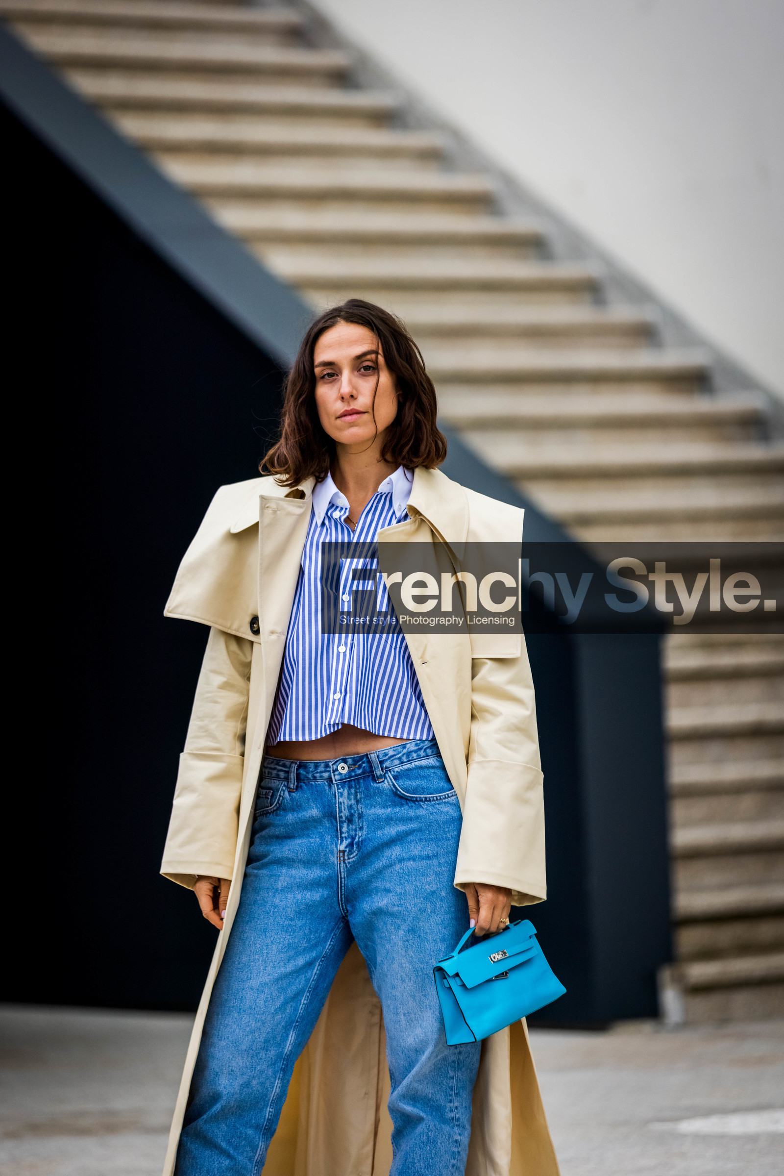 bag, beige coat, blue bag, blue denim, blue jean, blue shirt, coat, denim, Erika Boldrin, hermes bag, jean, kelly bag, shirt, small bag, striped shirt, stripes, street style, jonathan paciullo, FW, frenchystyle, fashion week, PFW, PARIS, SPRING SUMMER 2022, SS 22, vertical, atmosphere details