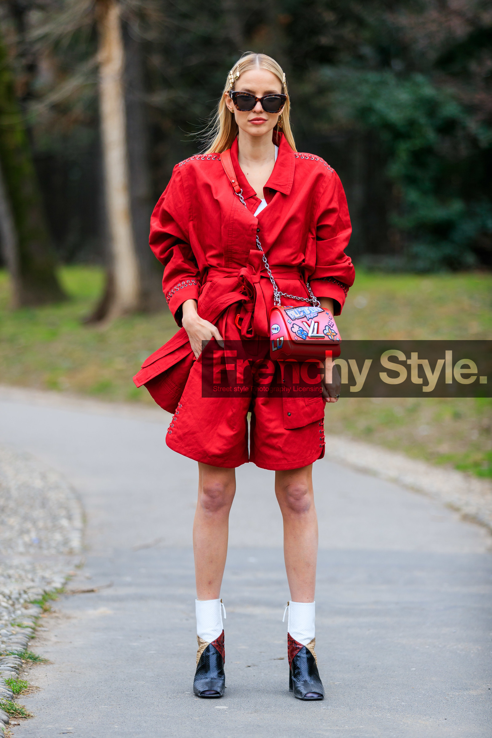 black shoes, graphic bag, high heels, leather bag, leather shoes, leonie hanne, louis vuitton, printed bag, red bag, red jacket, red shorts, sunglasses, white shoes, MILAN, MFW, fashion week, frenchystyle, FW, jonathan paciullo, street style, AUTUMN WINTER 2019-2020, AW 19-20, FALL WINTER 2019-2020, FW 19-20, vertical, full length