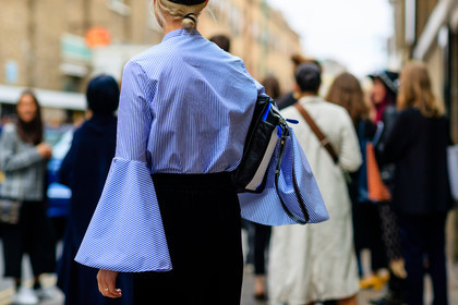 atmosphere details, balenciaga, black bag, black cap, black pants, blue shirt, detail, fashion week, frenchystyle, FW, graphic bag, horizontal, jonathan paciullo, leather bag, LFW, lisa anne stuyfzand, LONDON, printed bag, SPRING SUMMER 2017, SS 17, street style, striped bag, striped shirt, trousers, velvet, woman