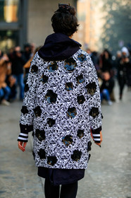 black and white, embroideries, eva geraldine fontanelli, floral, flowers, graphic jacket, grey coat, printed jacket, sequined, street style, jonathan paciullo, FW, frenchystyle, fashion week, MFW, MILAN, AUTUMN WINTER 2019-2020, AW 19-20, FALL WINTER 2019-2020, FW 19-20, vertical, atmosphere details, detail