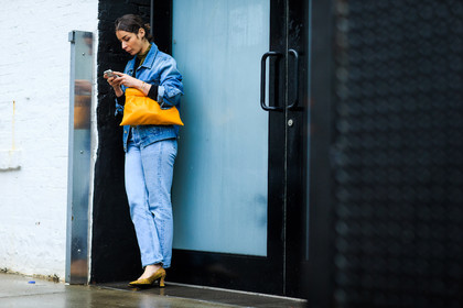 atmosphere details, AUTUMN WINTER 2016-2017, AW 16-17, blue denim, bracelet, céline, denim jacket, denim pants, detail, fashion week, frenchystyle, FW, FW 16-17, high heels, horizontal, iphone, irina lakicevic, jeans, jonathan paciullo, kaki scarf, leather bag, NEW YORK, NYFW, street style, trousers, woman, yellow bag, yellow sandals