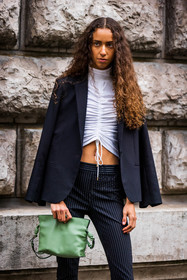 bag, black and white, black blazer, black pants, blazer, boots, green bag, green pouch, loewe bag, pants, pouch, striped pants, stripes, top, white top, street style, jonathan paciullo, FW, frenchystyle, fashion week, PFW, PARIS, SPRING SUMMER 2022, SS 22, vertical, atmosphere details, model