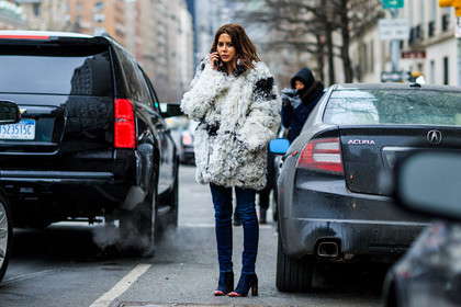atmosphere details, AUTUMN WINTER 2016-2017, AW 16-17, blue boots, blue denim, christine centenera, denim pants, fashion week, frenchystyle, full length, fur coat, fur jacket, FW, FW 16-17, high boots, high heels, horizontal, jeans, jonathan paciullo, NEW YORK, NYFW, shearling, street style, trousers, white fur, white jacket, woman