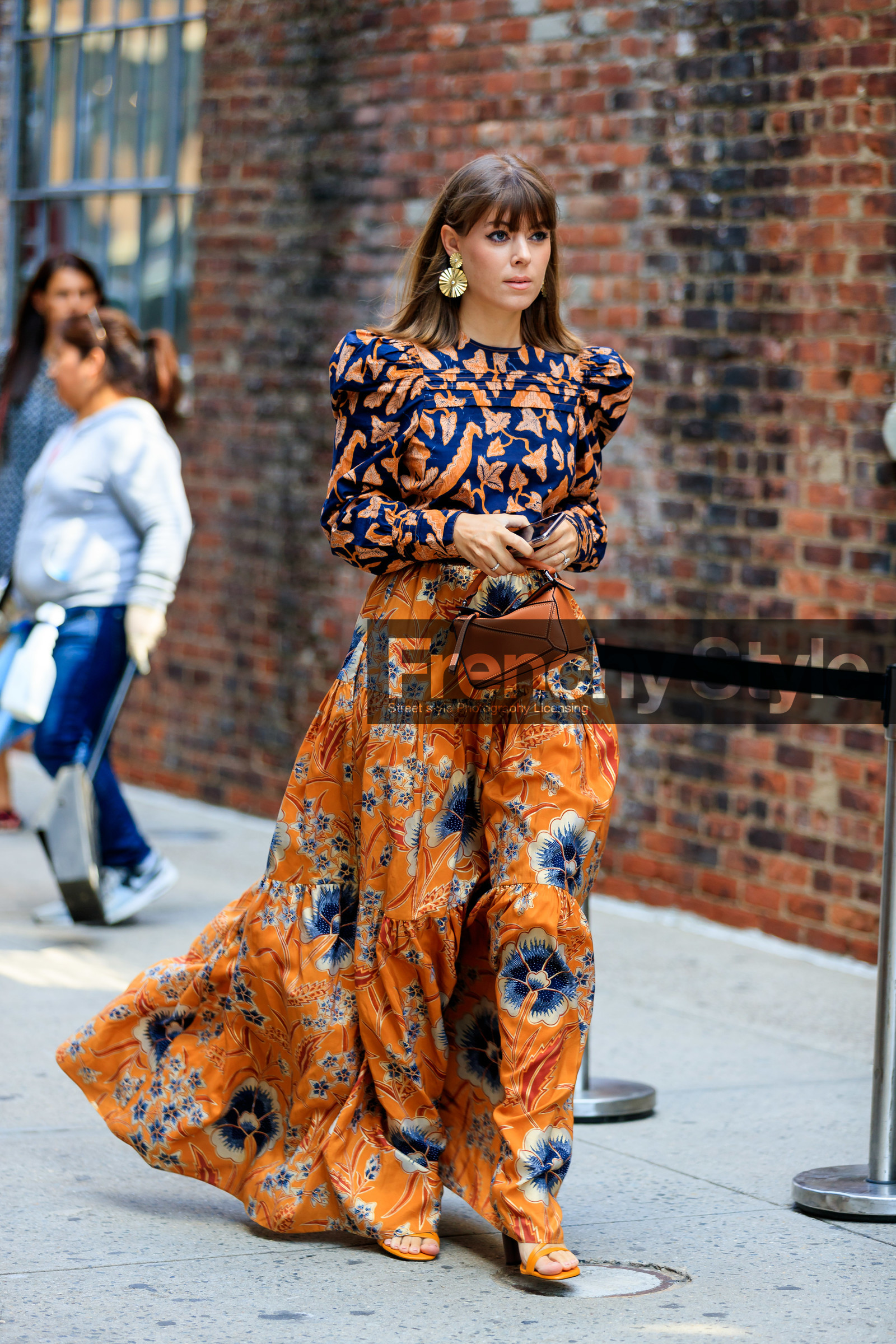 camel bag, earrings, floral, flowers, graphic dress, graphic skirt, jenny cipoletti, leather bag, leather shoes, loewe, orange dress, printed dress, printed skirt, fashion week, frenchystyle, FW, jonathan paciullo, street style, NEW YORK, NYFW, SPRING SUMMER 2020, SS 20, vertical, full length