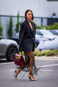 bag, black blazer, black sandals, black skirt, blazer, burgundy bag, fishnet skirt, fringes, hermes bag, kelly bag, sandals, skirt, Tiffany Hsu, PARIS, PFW, fashion week, frenchystyle, FW, jonathan paciullo, street style, SPRING SUMMER 2022, SS 22, vertical, full length