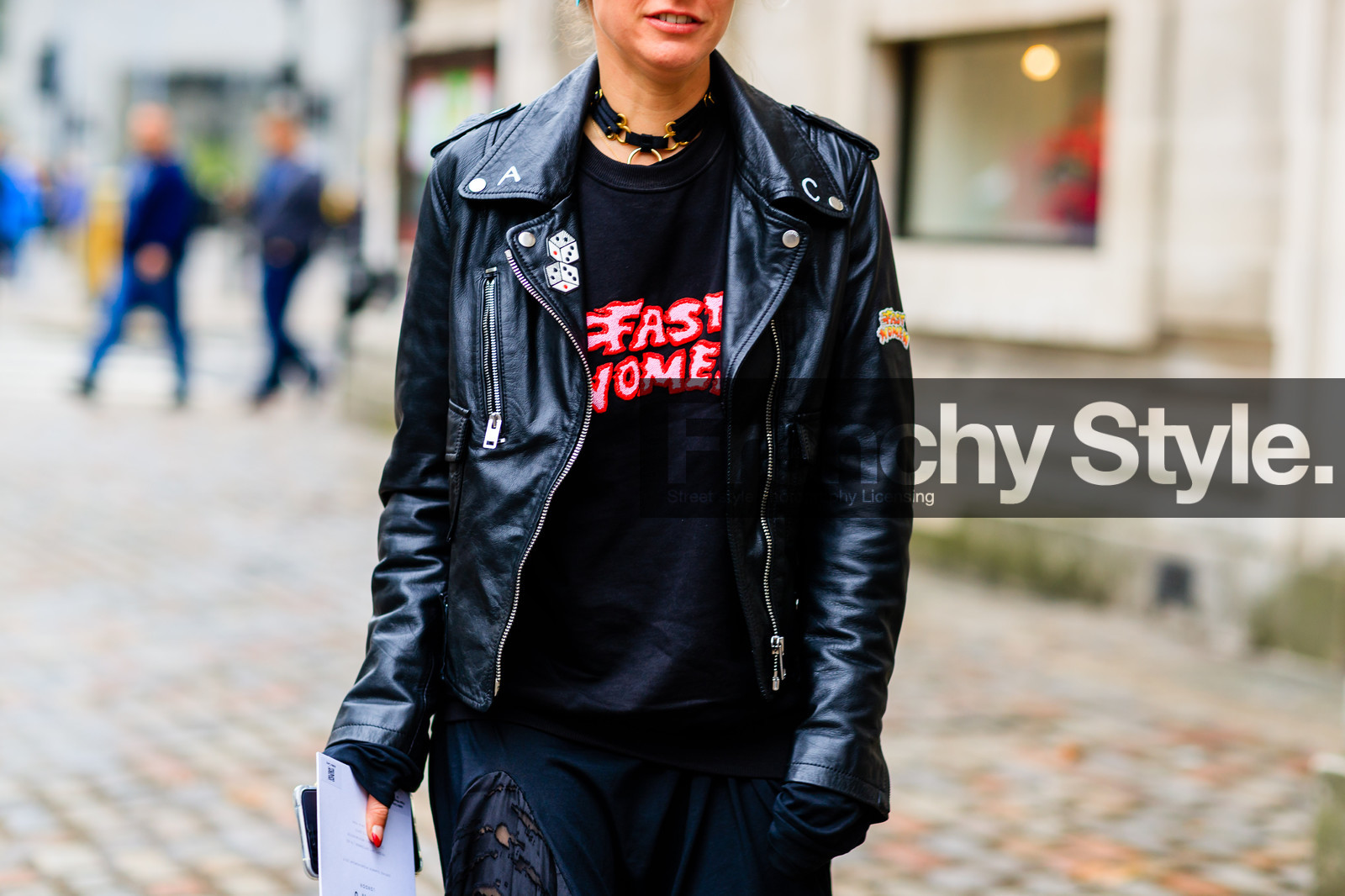 atmosphere details, black jacket, black perfecto, black skirt, black sweater, choker, detail, fashion week, frenchystyle, FW, horizontal, jonathan paciullo, leather jacket, leather perfecto, LFW, LONDON, necklace, printed sweater, SPRING SUMMER 2017, SS 17, street style, woman