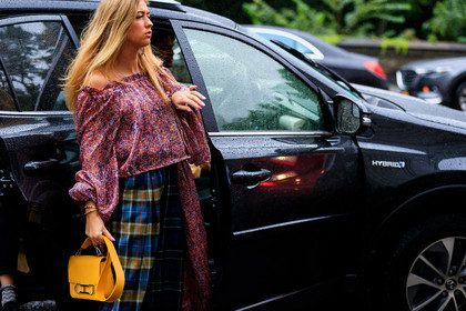 blue skirt, checked, emili sindlev, floral, flowers, graphic skirt, leather bag, off the shoulder, pink top, plaid, printed skirt, printed top, trousers, yellow bag, street style, jonathan paciullo, FW, frenchystyle, fashion week, NYFW, NEW YORK, SPRING SUMMER 2019, SS 19, atmosphere details, horizontal, detail