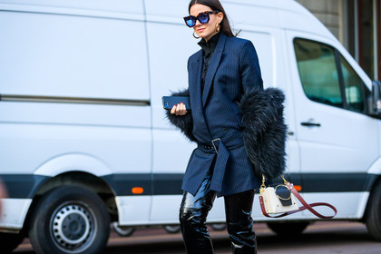 atmosphere details, AUTUMN WINTER 2017-2018, AW 17-18, black and white bag, black fur, black jacket, black pants, black top, blazer, detail, earrings, FALL WINTER 2017-2018, fashion week, frenchystyle, FW, FW 17-18, graphic jacket, horizontal, jonathan paciullo, leather bag, leather pants, MFW, MILAN, printed jacket, street style, striped jacket, sunglasses, tone on tone, total look black, trousers, vinyl, zina charkoplia