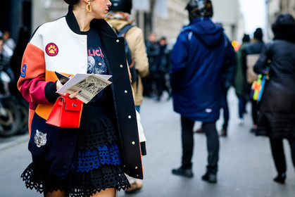 black skirt, black t shirt, graphic jacket, laser cut, leather bag, printed jacket, red bag, ruffled skirt, teddy jacket, fashion week, frenchystyle, FW, jonathan paciullo, street style, PFW, PARIS, SPRING SUMMER 2017, SS 17, HAUTE COUTURE, atmosphere details, detail, horizontal