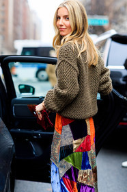 brown sweater, leather bag, multicolor skirt, patchwork, ralph lauren, red bag, velvet, frenchystyle, jonathan paciullo, street style, NYFW, NEW YORK, AUTUMN WINTER 2019-2020, AW 19-20, FALL WINTER 2019-2020, FW 19-20, fashion week, FW, vertical, atmosphere details, detail