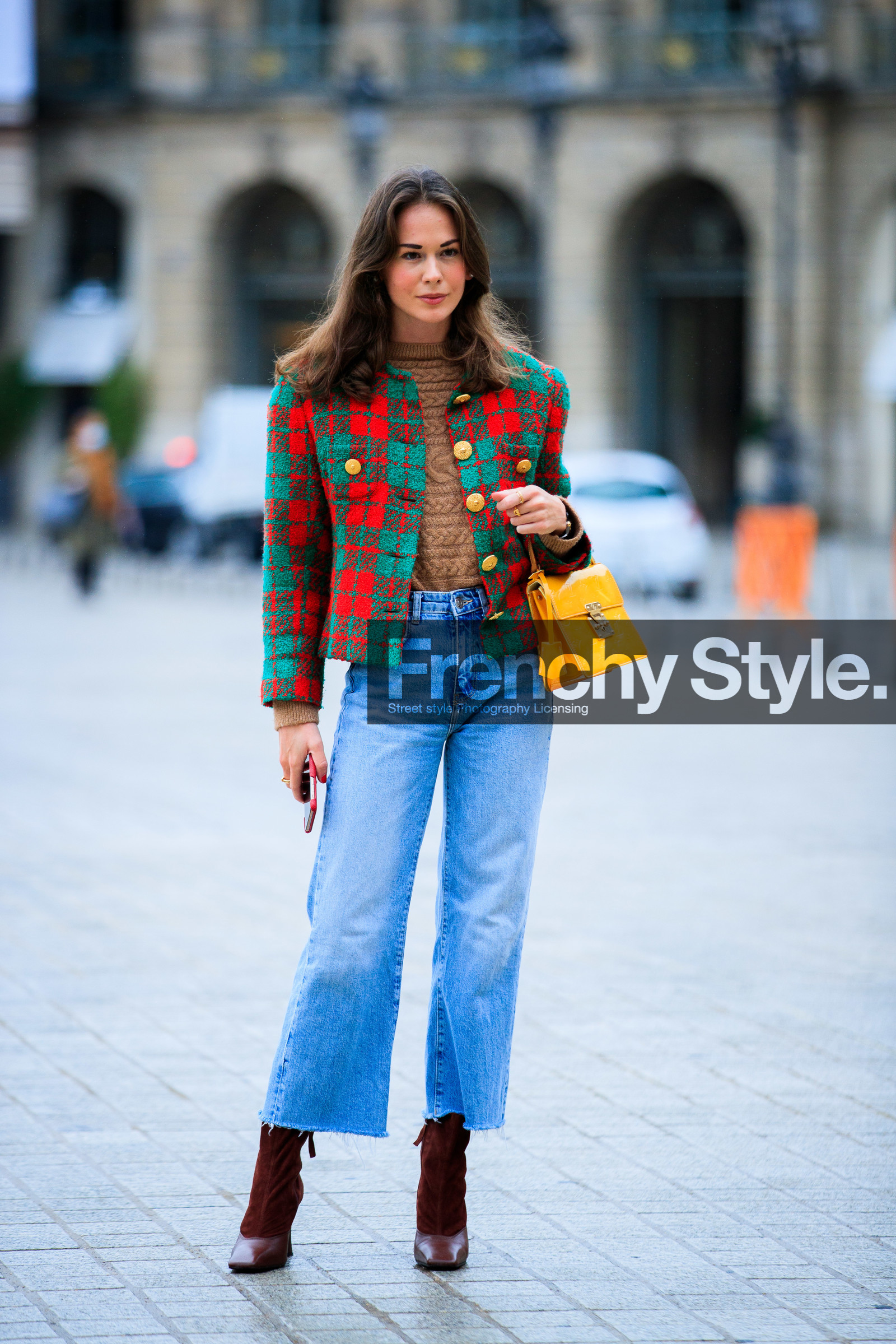therese hellstrom, checked jacket, red jacket, green jacket, denim, light blue jeans, used jeans, flare jeans, yellow bag, polish bag, monogrammed bag, hand bag, louis vuitton bag, camel pullover, brown leather boots, brown suede boots, cropped jeans, fashion week, frenchystyle, FW, jonathan paciullo, street style, PFW, PARIS, SPRING SUMMER 2021, SS 21, vertical, full length