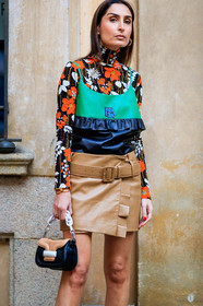 beige skirt, black bag, black top, black turtleneck, floral, flowers, geraldine boublil, graphic bag, green top, leather bag, leather skirt, leather top, prada, printed bag, printed top, ruffles, MILAN, MFW, fashion week, frenchystyle, FW, jonathan paciullo, street style, AUTUMN WINTER 2019-2020, AW 19-20, FALL WINTER 2019-2020, FW 19-20, vertical, atmosphere details, detail