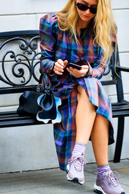 atmosphere details, black bag, checked dress, detail, emili sindlev, fashion week, fendi, frenchystyle, FW, graphic dress, jonathan paciullo, leather bag, NEW YORK, nike, NYFW, pink sneakers, plaid, printed dress, purple dress, SPRING SUMMER 2018, SS 18, street style, sunglasses, tartan, vertical