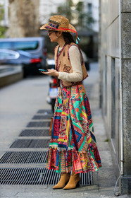 straw hat, embroidered jacket, embroidered hat, beige jacket, cropped jacket, sleeveless jacket, cowboy hat, ethnic printed jacket, etro jacket, etro look, etro skirt, patchwork skirt, ruffle skirt, long skirt, silk skirt, multicolor skirt, red skirt, green skirt, floral printed skirt, camel suede boots, cowboy boots, fashion week, frenchystyle, FW, jonathan paciullo, street style, MFW, MILAN, AUTUMN WINTER 2020-2021, FALL WINTER 2020-2021, FW 20-21, vertical, full length