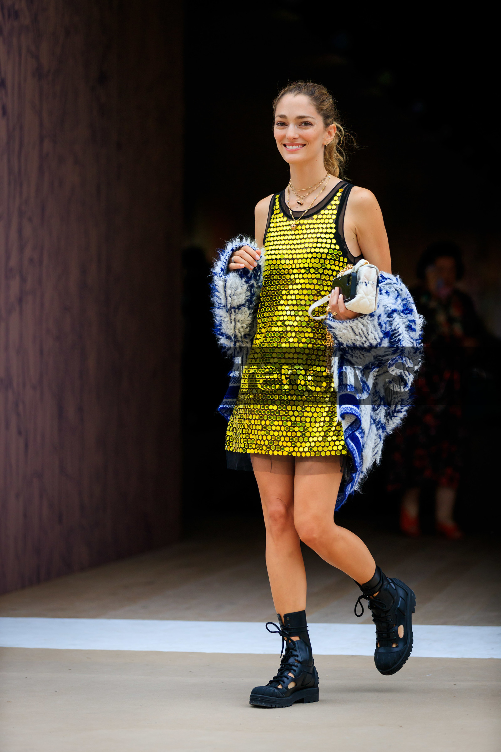 sequins dress, sleeveless dress, tie and dye cardigan, tie and dye coat, tie and dye jacket, dior cardigan, dior coat, dior jacket, mini dress, golden dress, golden necklace, multi necklace, chain necklace, big chain necklace, dior boots, dior shoes, black leather boots, flat boots, big sole boots, laced boots, dior total look, white jacket, white cardigan, white coat, blue coat, blue bag, blue jacket, blue cardigan, knit coat, knit jacket, knitwear, striped coat, striped jacket, striped cardigan, sofia sanchez de betak, fashion week, frenchystyle, FW, jonathan paciullo, street style, PFW, PARIS, AUTUMN WINTER 2021-2022, FALL WINTER 2021-2022, FW 21-22, vertical, full length