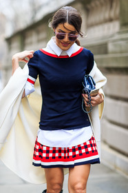 AUTUMN WINTER 2016-2017, AW 16-17, blue, blue sweater, camila coelho, checked skirt, fashion week, frenchystyle, full length, FW, FW 16-17, graphic skirt, high heels, jonathan paciullo, navy, NEW YORK, NYFW, red, red skirt, street style, sunglasses, vertical, white, white coat, white shirt, woman