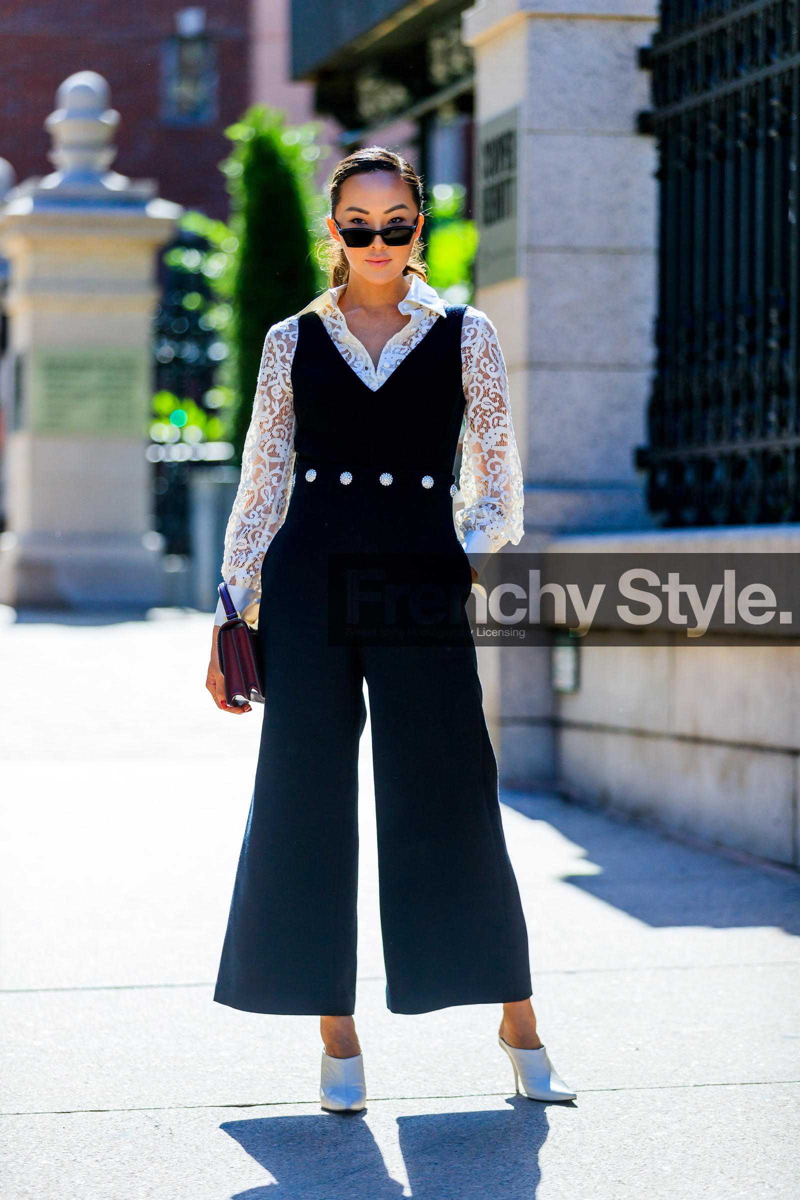 black jumpsuit, bordeaux, burgundy, Chriselle Lim, fashion week, frenchystyle, full length, FW, high heels, jonathan paciullo, lace shirt, leather bag, leather shoes, NEW YORK, NYFW, red bag, SPRING SUMMER 2018, SS 18, street style, sunglasses, trousers, vertical, white shirt, white shoes