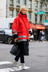 balenciaga, black bag, graphic jacket, high heels, leather bag, leather shoes, loewe, printed jacket, red jacket, trousers, white boots, street style, jonathan paciullo, FW, frenchystyle, fashion week, NYFW, NEW YORK, AUTUMN WINTER 2018-2019, AW 18-19, FALL WINTER 2018-2019, FW 18-19, vertical, full length, kate davidson hudson