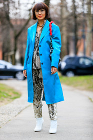 animal print, balenciaga, black bag, blue coat, fanny pack, graphic pants, grey pants, grey shirt, high heels, leather bag, leather shoes, liz yu, necklace, printed pants, snake print, sunglasses, trousers, white shoes, MILAN, MFW, fashion week, frenchystyle, FW, jonathan paciullo, street style, AUTUMN WINTER 2019-2020, AW 19-20, FALL WINTER 2019-2020, FW 19-20, vertical, full length