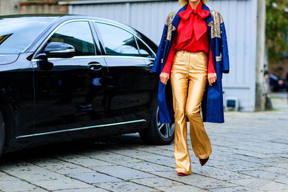 atmosphere details, blue coat, blue denim, blue jacket, bow collar, denim coat, denim jacket, detail, embroidered coat, embroidered jacket, fashion week, frenchystyle, FW, gold coat, gold pants, golden jacket, golden pants, high waist, horizontal, jonathan paciullo, leather pants, MFW, MILAN, over the shoulder, red shirt, sequined jacket, shiny coat, SPRING SUMMER 2017, SS 17, street style, trousers