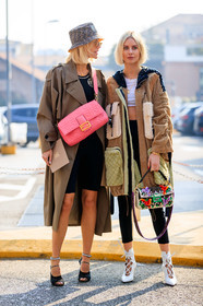 beige coat, black pants, crop top, fendi, glitter, graphic bag, graphic jacket, high heels, leather bag, leather shoes, multicolor bag, necklace, printed bag, printed jacket, sequined bag, shiny bag, trousers, white shoes, white t shirt, beige coat, black shoes, black short, black shorts, brown hat, bucket hat, fendi, high heels, leather bag, leather shoes, monogram, pink bag, sunglasses, trench coat, viktoria rader, MILAN, MFW, fashion week, frenchystyle, FW, jonathan paciullo, street style, AUTUMN WINTER 2019-2020, AW 19-20, FALL WINTER 2019-2020, FW 19-20, vertical, full length