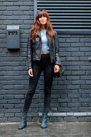 black bag, black denim, black jacket, black pants, black perfecto, blue sweater, denim pants, fashion week, frenchystyle, full length, FW, glitter, jeans, jonathan paciullo, leather bag, leather jacket, leather perfecto, leather shoes, LFW, LONDON, printed t shirt, sequined boots, shiny boots, SPRING SUMMER 2017, SS 17, street style, trousers, vertical, woman