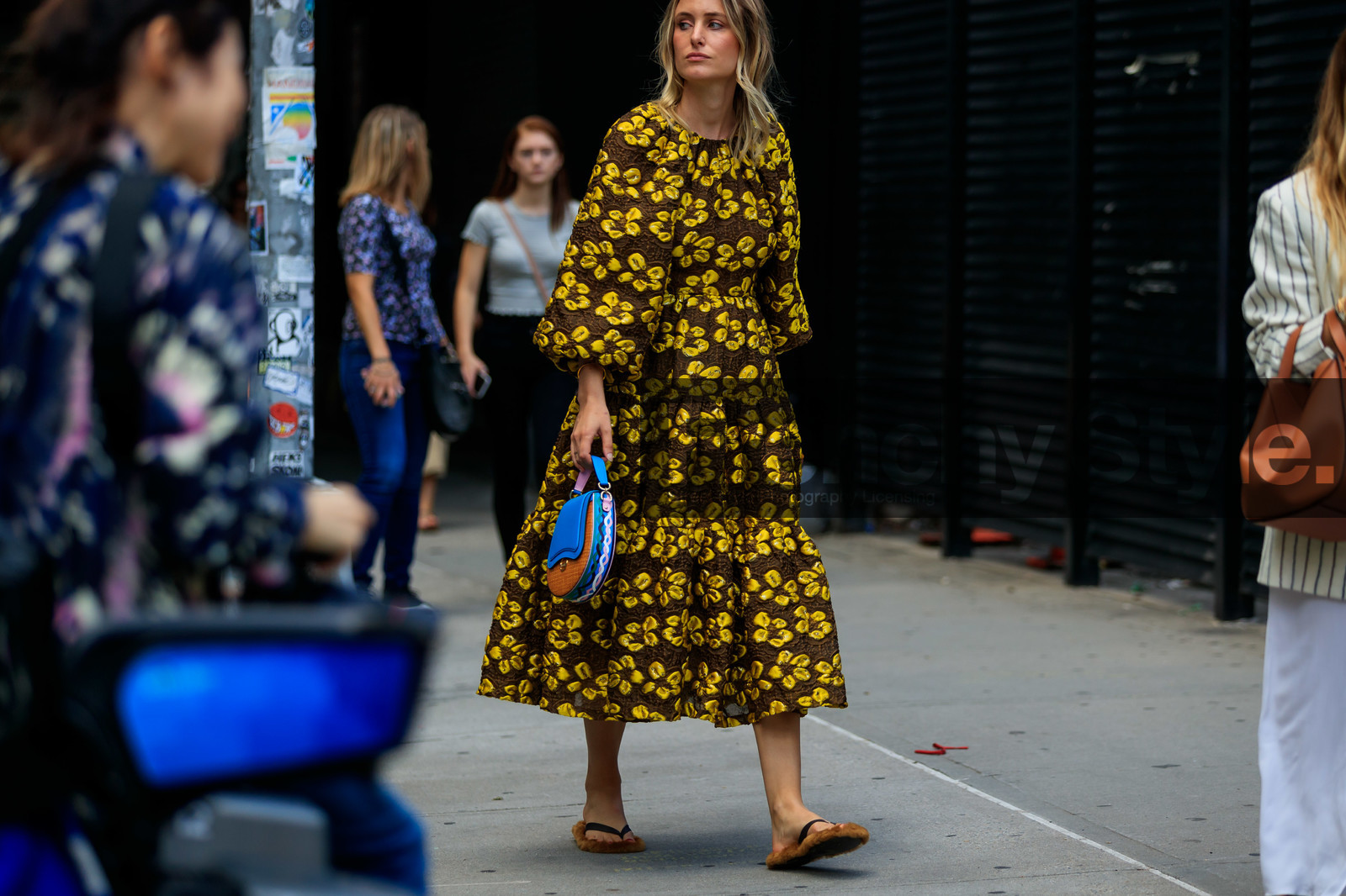 black shoes, blue bag, brown dress, emilio pucci, floral, flowers, graphic dress, leather bag, leather shoes, printed dress, yellow dress, fashion week, frenchystyle, FW, jonathan paciullo, street style, NEW YORK, NYFW, SPRING SUMMER 2020, SS 20, horizontal, atmosphere details, detail