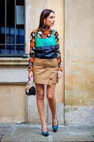 beige skirt, black bag, black top, black turtleneck, blue shoes, floral, flowers, geraldine boublil, graphic bag, green top, leather bag, leather shoes, leather skirt, leather top, prada, printed bag, printed top, ruffles, MILAN, MFW, fashion week, frenchystyle, FW, jonathan paciullo, street style, AUTUMN WINTER 2019-2020, AW 19-20, FALL WINTER 2019-2020, FW 19-20, vertical, full length