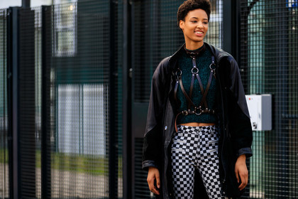 black and white, black jacket, checked, gingham, graphic pants, green sweater, harness, leather jacket, model, plaid, printed pants, trousers, PARIS, PFW, street style, jonathan paciullo, FW, frenchystyle, fashion week, AUTUMN WINTER 2019-2020, AW 19-20, FALL WINTER 2019-2020, FW 19-20, horizontal, atmosphere details, detail