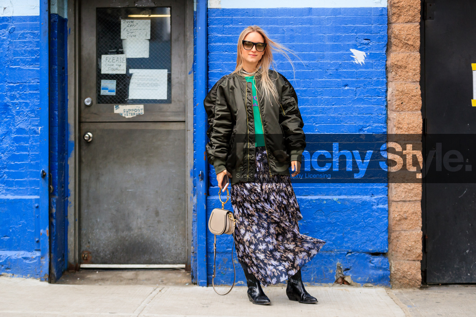 atmosphere details, AUTUMN WINTER 2017-2018, AW 17-18, beige bag, black boots, black shoes, bomber jacket, Charlotte Groeneveld, chloe, FALL WINTER 2017-2018, fashion week, floral, flower, frenchystyle, full length, FW, FW 17-18, golden details, green jacket, horizontal, jonathan paciullo, leather bag, leather shoes, NEW YORK, NYFW, printed skirt, purple skirt, street style, sunglasses