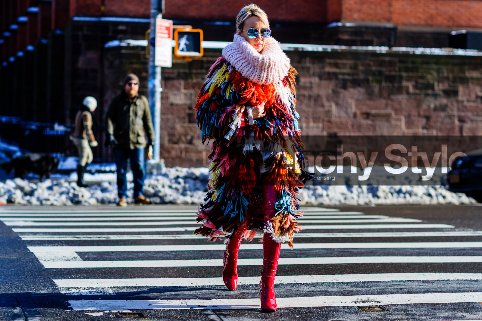 atmosphere details, AUTUMN WINTER 2017-2018, AW 17-18, FALL WINTER 2017-2018, fashion week, frenchystyle, full length, FW, FW 17-18, high heels, horizontal, jonathan paciullo, multicolor jacket, NEW YORK, NYFW, oversize, pink scarf, red boots, street style, sunglasses, varnished leather shoes, wool coat