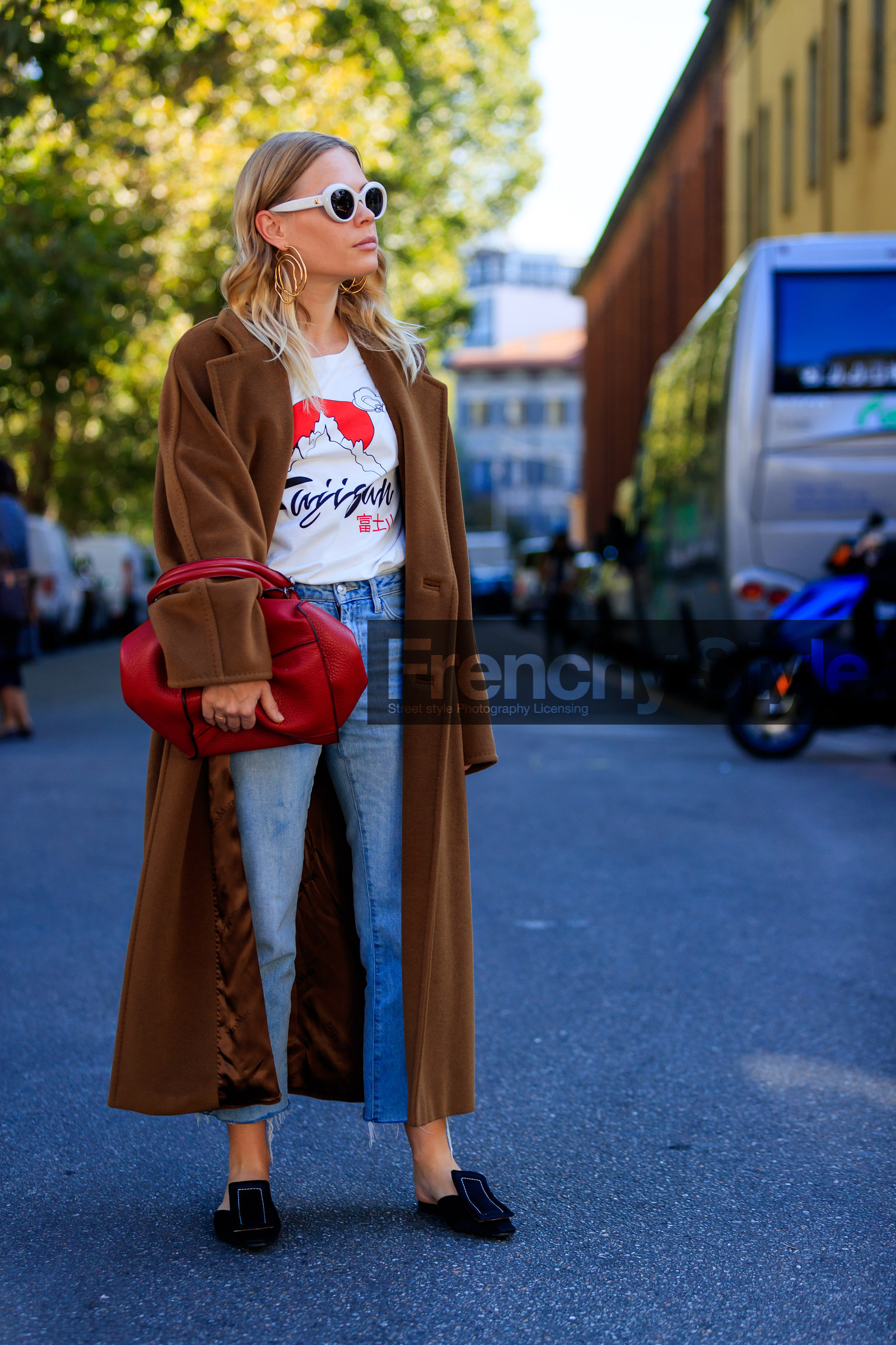 black mules, black shoes, blue denim, brown coat, denim pants, earrings, fashion week, frenchystyle, full length, FW, jeans, jessie bush, jonathan paciullo, leather bag, leather shoes, MFW, MILAN, printed t shirt, red bag, SPRING SUMMER 2018, SS 18, street style, sunglasses, trousers, vertical, white t shirt