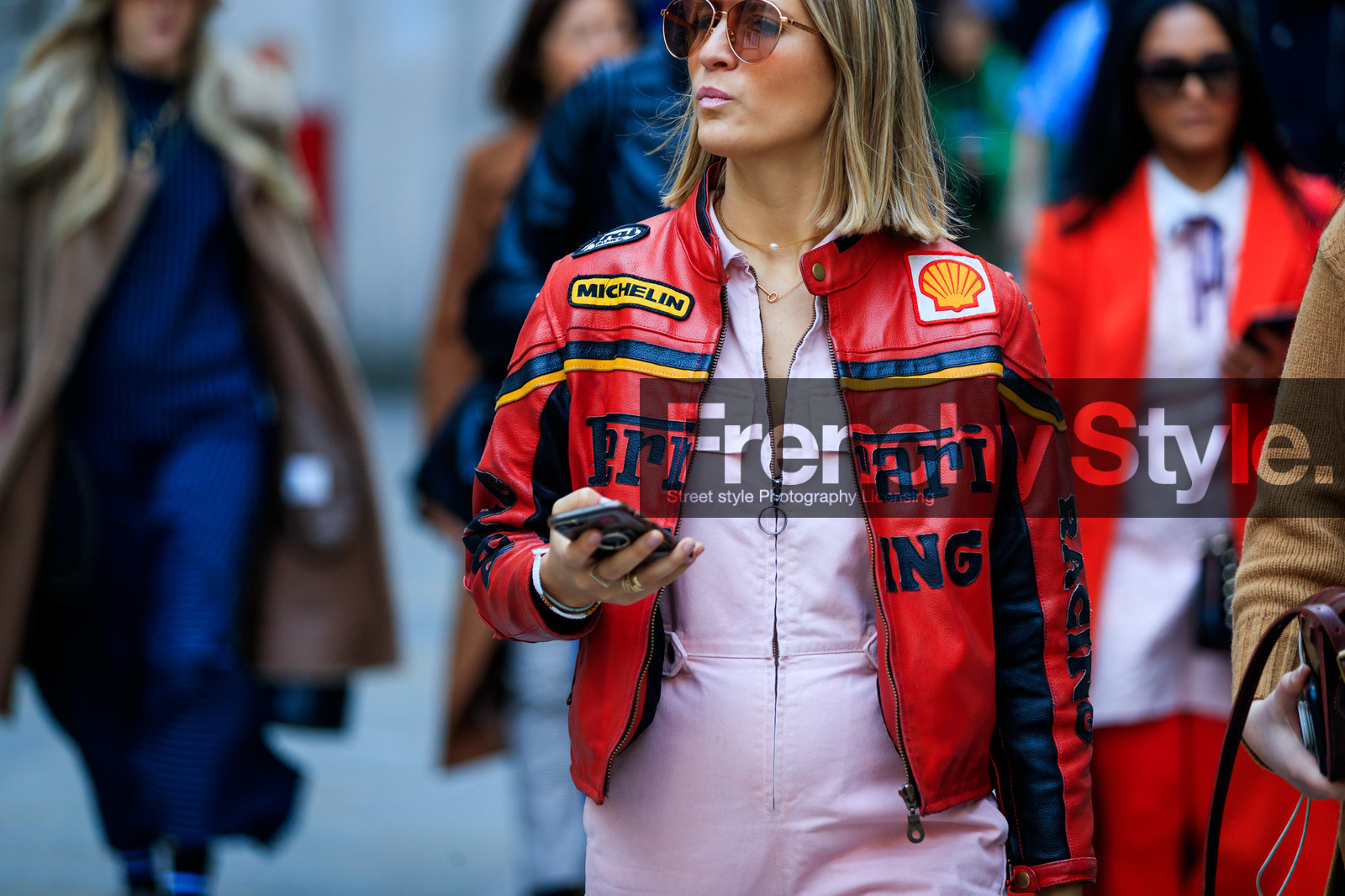 graphic jacket, leather jacket, pink jumpsuit, printed jacket, red jacket, sunglasses, fashion week, frenchystyle, FW, jonathan paciullo, street style, LFW, LONDON, AUTUMN WINTER 2019-2020, AW 19-20, FW 19-20, FALL WINTER 2019-2020, horizontal, atmosphere details, detail