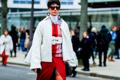 atmosphere details, AUTUMN WINTER 2017-2018, AW 17-18, black bag, detail, earrings, FALL WINTER 2017-2018, fashion week, frenchystyle, FW, FW 17-18, high boots, horizontal, jonathan paciullo, jw anderson, orange shoes, PARIS, PFW, printed sweater, red skirt, red sweater, street style, striped sweater, sunglasses, turtleneck sweater, white belt, white jacket, white sweater