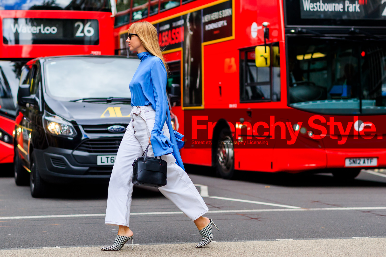 atmosphere details, black and white shoes, black bag, blue shirt, denim pants, fashion week, frenchystyle, full length, FW, gingham, graphic shoes, high heels, high waist, horizontal, jeans, jonathan paciullo, leather bag, leather shoes, LFW, lisa aiken, LONDON, printed shoes, SPRING SUMMER 2018, SS 18, street style, trousers, white denim