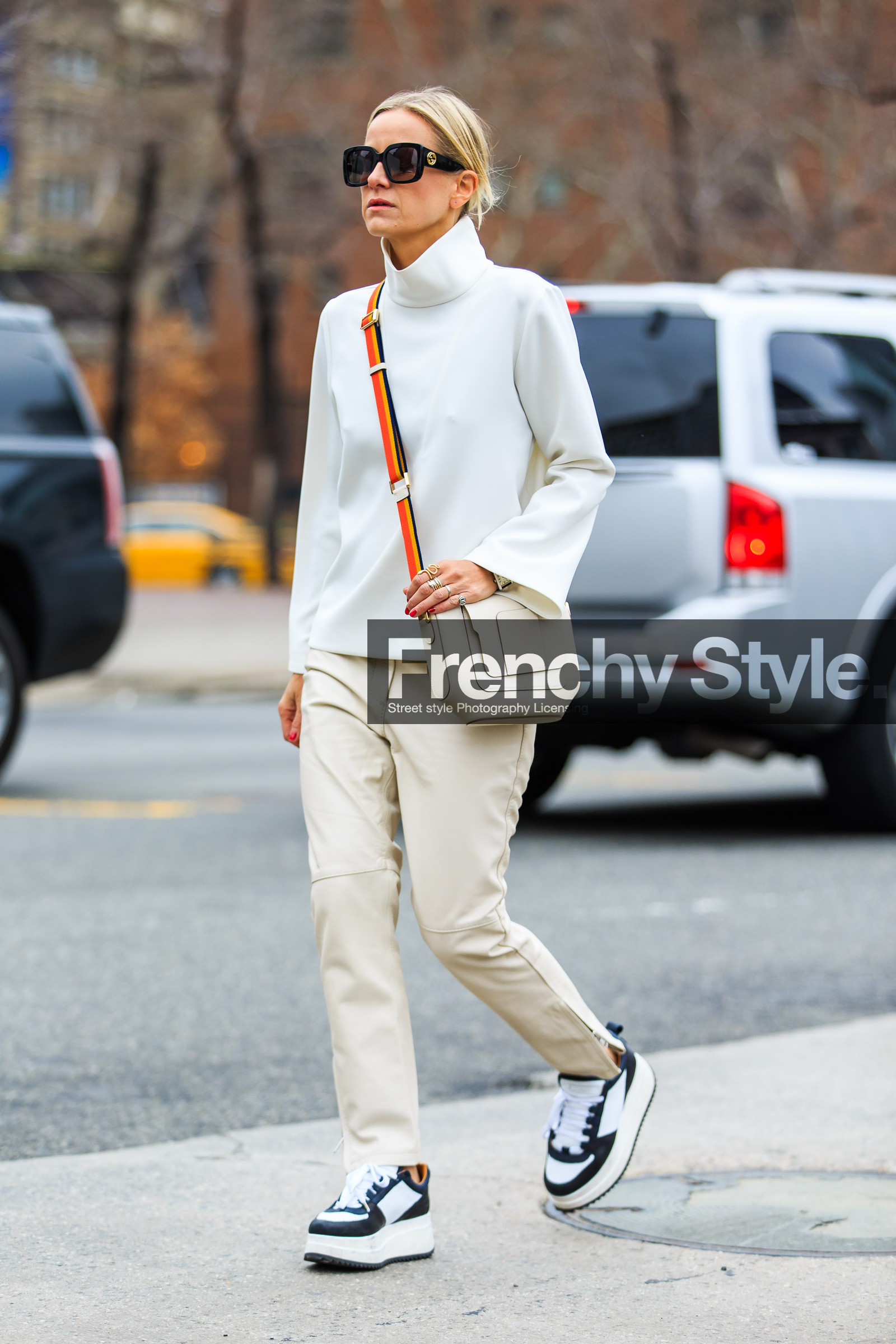 AUTUMN WINTER 2016-2017, AW 16-17, beige bag, beige pants, black and white sneakers, black and white wedges, celine aagaard, fashion week, frenchystyle, full length, FW, FW 16-17, jonathan paciullo, leather bag, leather pants, NEW YORK, NYFW, rings, street style, sunglasses, tone on tone, total look beige, total look white, trousers, turtleneck sweater, vertical, white bag, white sweater, white top, woman