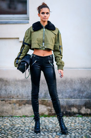 AUTUMN WINTER 2017-2018, AW 17-18, black bag, black fur, black pants, black shoes, bun, eyeliner, eyeshadow, FALL WINTER 2017-2018, fashion week, frenchystyle, full length, fur collar, FW, FW 17-18, green jacket, high heels, jonathan paciullo, leather bag, leather pants, leather shoes, MFW, MILAN, model, Sara Sampaio, street style, trousers, vertical