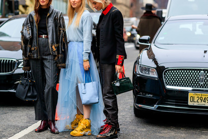 black bag, black jacket, black pants, black shoes, blue bag, blue skirt, blue sweater, brown boot, Charlotte Groeneveld, gala gonzalez, graphic pants, green bag, hoodie, leather bag, leather pants, leather shoes, printed pants, ralph lauren, trousers, xenia adonts, yellow shoes, frenchystyle, jonathan paciullo, street style, NYFW, NEW YORK, AUTUMN WINTER 2019-2020, AW 19-20, FALL WINTER 2019-2020, FW 19-20, fashion week, FW, atmosphere details, horizontal, detail