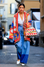 bettina looney, blue denim, denim pants, earrings, fendi, geometric, graphic bag, graphic jacket, jeans, leather bag, leather shoes, multicolor bag, multicolor jacket, poncho, printed bag, printed jacket, trousers, white shoes, white top, MILAN, MFW, fashion week, frenchystyle, FW, jonathan paciullo, street style, AUTUMN WINTER 2019-2020, AW 19-20, FALL WINTER 2019-2020, FW 19-20, vertical, full length